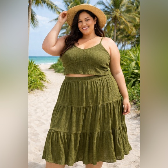 SHEIN Dresses & Skirts - NWOT SHEIN 2 Piece Crop Top and Skirt Set in Army Green